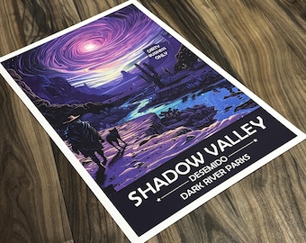 Wydruk artystyczny „Dolina Cienia” | Samotny kowboj na pustyni | Plakat z motywem fantasy
