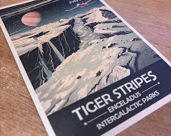 Grafika artystyczna z tygrysimi paskami Enceladusa | Plakat retro z kosmosem