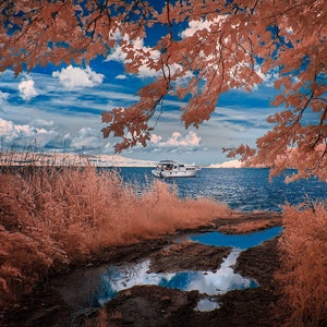 Landscape Infrared Photo for your Dining Room, Boat at Sea, digital download. Wall Art, DIY Home Decor.