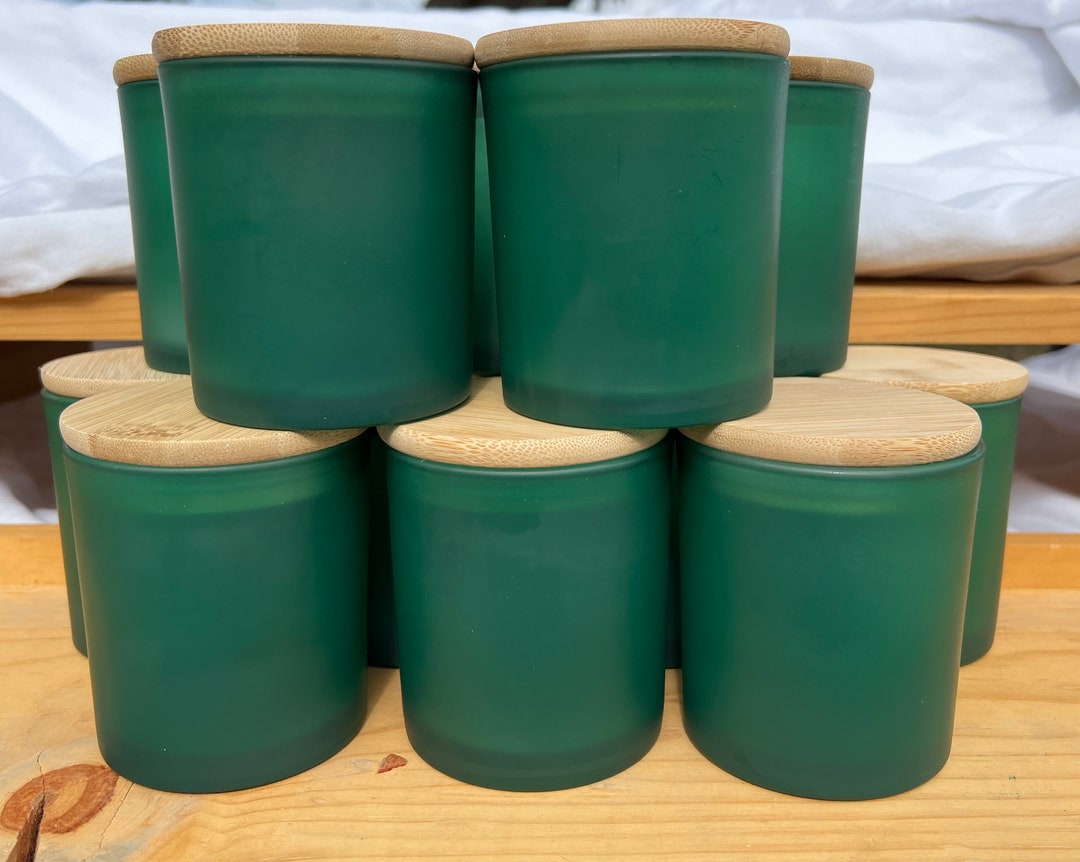 Candle Jar Frosted Green Bamboo Lid 10oz Set of 12 Etsy