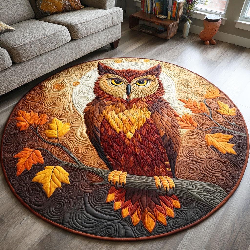 Owl Round Rug, Autumn Nature Printed Mat, Rustic Forest Carpet, Cozy Boho Home Decor, Woodland Anima