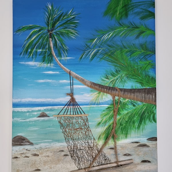 Tableau peinture acrylique et sable décoratif plage palmier transat