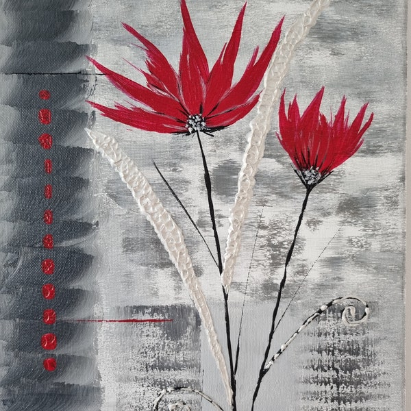 Tableau abstrait fleurs rouges