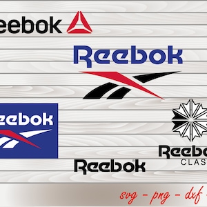 May include: Four different variations of the Reebok logo. The logos are in black, white, red, and blue. The logos are on a woodgrain background. The text "svg - png - dxf - eps" is at the bottom of the image.