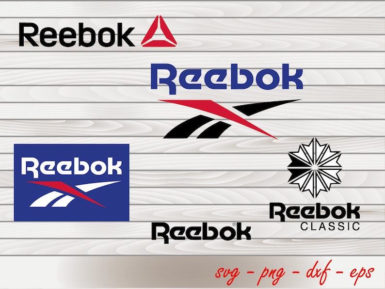 May include: Four different variations of the Reebok logo. The logos are in black, white, red, and blue. The logos are on a woodgrain background. The text "svg - png - dxf - eps" is at the bottom of the image.