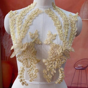 Applique in pizzo con filati dorati, applicazioni di fiori in pizzo, applicazioni floreali artigianali per corpetto da sposa, accessori in pizzo per abiti da sposa, applicazioni per balletto Gold