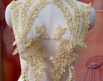 Gouden garens kant stoffen, kant bloem stoffen, bruids lijfje ambachtelijke bloemen stoffen, trouwjurk kant accessoires, dans ballet appliques