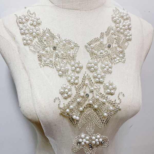 Appliques de dentelle de perle blanche, appliques 3D de paillettes, appliques de robe artisanale argentée, appliques brodées de ballet de danse, appliques symétriques