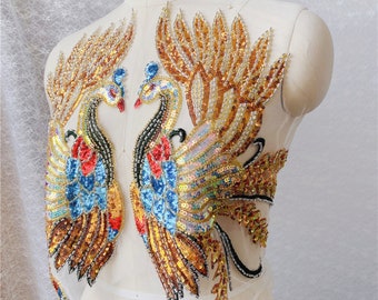 Peacock Lace Appliques, Sequins Applique, 3D DIY Applique, Bridal Craft Appliques, Dance Ballet Embroidered Appliques, Gold Peacock Applique