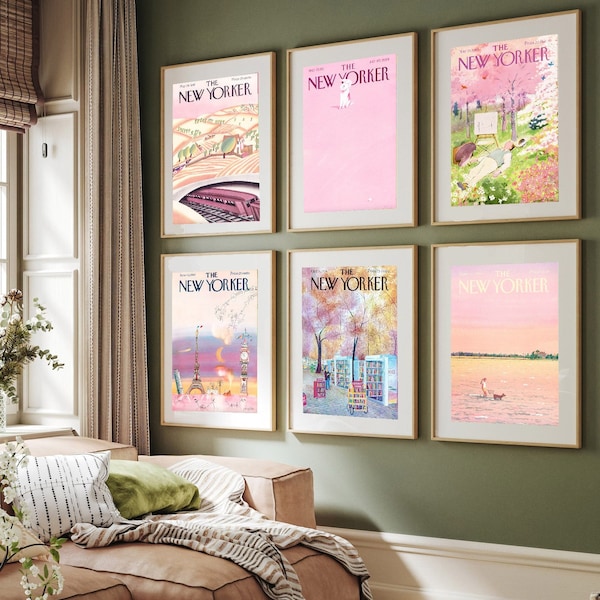 New Yorker Set of 6 Cover Prints,Pastel Colourful, Magazine Print, Vintage poster, Pink, Blue, Soft Warm, Bedroom, Gift Idea, Set 4