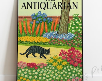 Vintage New Yorker Style Cover Print - Schwarze Katze, Gartenszene