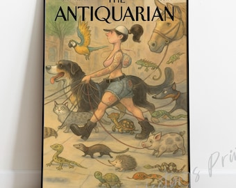 Vintage "Antiquarian" Magazine Cover Print - New Yorker Style Dog Walker