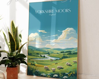 May include: A vintage travel poster with a blue background and white clouds. The poster features a landscape scene of rolling green hills, a river, and sheep grazing in a field. The text "YORKSHIRE MOORS England" is printed in white at the top of the poster.