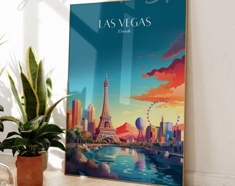 Könnte beinhalten: Ein gerahmter Kunstdruck mit einer farbenfrohen Illustration der Skyline von Las Vegas, einschließlich des Nachbaus des Eiffelturms und des High Roller. Das Kunstwerk hat einen goldenen Rahmen und ist vor einem türkisblauen Himmel mit orangefarbenen und roten Wolken platziert. Der Text "LAS VEGAS Nevada" steht oben.