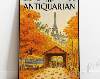 Impresión de parada de autobús otoñal en París al estilo neoyorquino: portada de revista vintage
