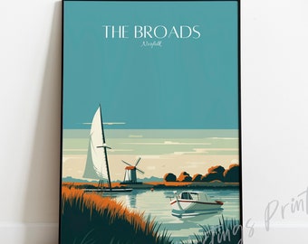 Może przedstawiać: Plakat podróżniczy w stylu vintage przedstawiający błękitny i zielony krajobraz z żaglówką i wiatrakiem. Tekst "THE BROADS Norfolk" znajduje się na górze plakatu.