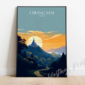 May include: A colorful illustration of a temple in Chiang Mai, Thailand. The temple is on a hilltop with a winding road leading up to it. The sky is a vibrant orange and blue with a large sun in the background.