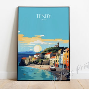 Tenby Travel Print - Gales, vintage, moderno, decoración del hogar, regalo de boda, regalo de cumpleaños, texto personalizado, regalo personalizado -02