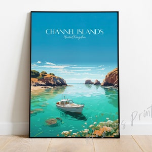 Impresión de viaje de las Islas del Canal - Cartel de viaje de Inglaterra, moderno, decoración del hogar, regalo de boda, regalo de cumpleaños, texto personalizado, regalo personalizado -01