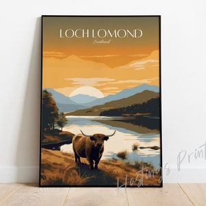 Poster di viaggio di Loch Lomond, Scozia: stampa artistica in stile vintage