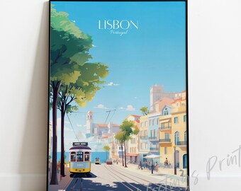 May include: A colorful illustration of a street scene in Lisbon, Portugal. The image features a yellow tram, buildings with colorful facades, and a blue sky with white clouds. The text "LISBON Portugal" is displayed at the top of the image.