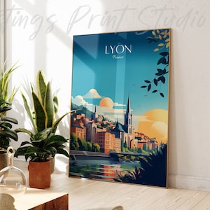 May include: A colourful illustration of the city of Lyon, France. The illustration features a cityscape with buildings, a river, and a bridge. The text "LYON" and "France" is displayed at the top of the illustration.