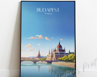 Budapest Hungary Print: Modern Vintage Travel Poster, Custom Text