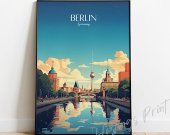 Pode incluir: Uma ilustração colorida do horizonte de Berlim, com a icônica Torre de Televisão e o rio Spree. O texto "BERLIN Alemanha" é exibido na parte superior da imagem.