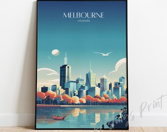 Melbourne Australia Travel Poster: Modern Vintage City Skyline Art Print