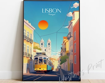 May include: A colorful illustration of a street scene in Lisbon, Portugal. The image features a yellow and blue tram traveling down a narrow street lined with colorful buildings. The sun is shining brightly in the sky, and there are clouds in the background.