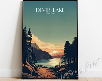 May include: A retro-style poster with a scenic view of Devils Lake State Park. The poster features a lake surrounded by trees and mountains, with a sunset in the background. The text "Devils Lake State Park" is printed in white at the top of the poster.