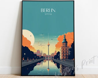 Pode incluir: Uma ilustração colorida do horizonte de Berlim com a icônica Torre de Televisão e um rio em primeiro plano. O texto "BERLIN Alemanha" está no topo da imagem.