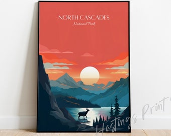 May include: A poster with a sunset scene of mountains, a lake, and a deer in silhouette. The text "NORTH CASCADES National Park" is at the top of the poster.