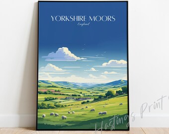 May include: A poster with a blue sky and white clouds over a green valley with sheep grazing in the foreground. The text "YORKSHIRE MOORS England" is at the top of the poster.