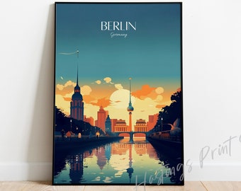 Pode incluir: Uma ilustração colorida do horizonte de Berlim ao pôr do sol, com a icônica Torre de Televisão e o rio Spree. O texto "BERLIN Alemanha" é exibido no topo da imagem.