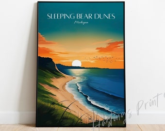 Sleeping Bear Dunes Michigan Travel Poster: Vintage Style Print