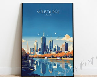 Melbourne Australia Travel Poster: Modern Vintage City Skyline Art