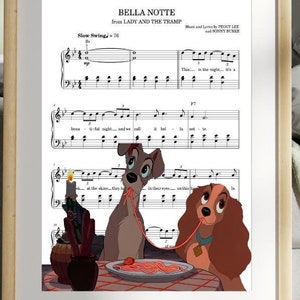 Lady and the Tramp Music Poster - Bella Notte - Vintage Art Print, Ariel Poster - Musical Score Wall Art , Lady and the Tramp Gift