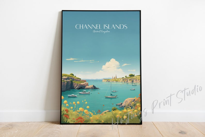 May include: A vintage travel poster featuring a scenic view of the Channel Islands, United Kingdom. The poster has a blue background with a white cloud and a depiction of a bay with boats and green cliffs.