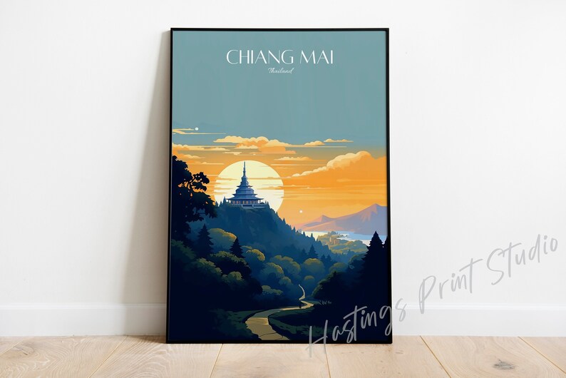 May include: A colorful illustration of a temple in Chiang Mai, Thailand. The temple is on a hilltop with a winding road leading up to it. The sky is a vibrant orange and blue with a large sun in the background.