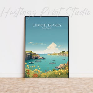 May include: A vintage travel poster featuring a scenic view of the Channel Islands, United Kingdom. The poster depicts a turquoise blue body of water with rocky cliffs and green hills in the background. Several sailboats are visible on the water, and the sky is a light blue with white clouds.