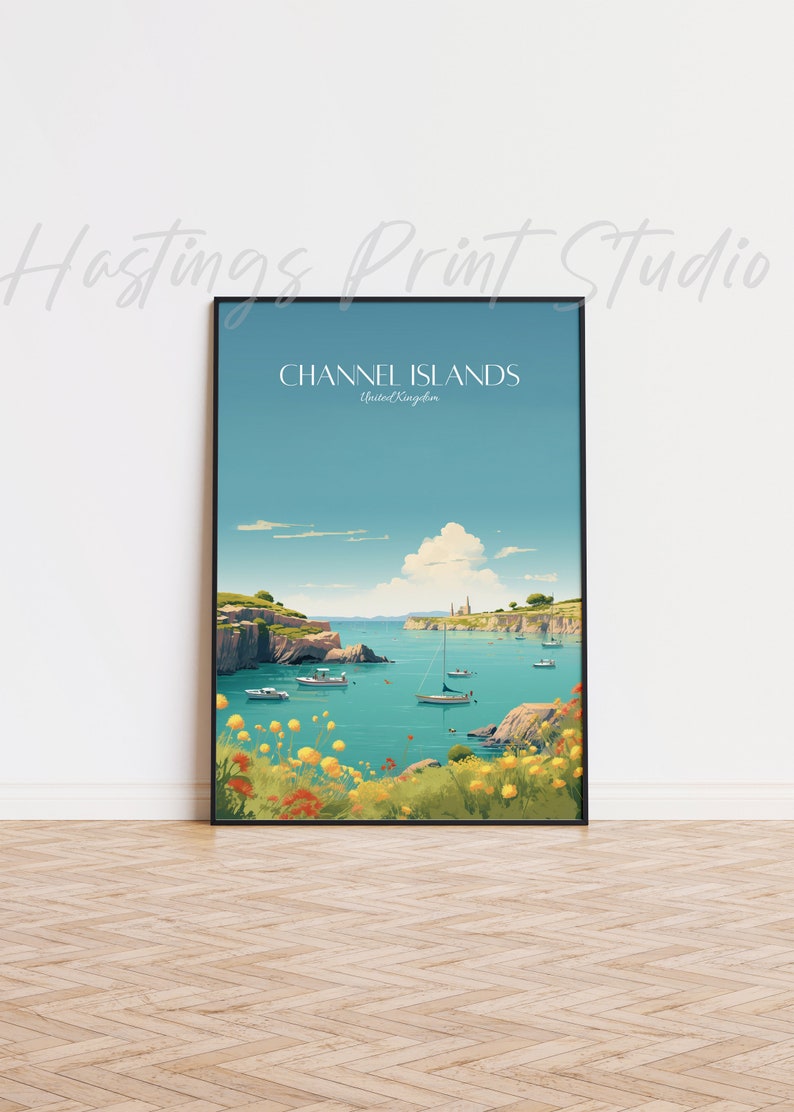 May include: A vintage travel poster featuring a scenic view of the Channel Islands, United Kingdom. The poster depicts a turquoise blue body of water with rocky cliffs and green hills in the background. Several sailboats are visible on the water, and the sky is a light blue with white clouds.