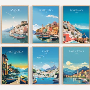 May include: Six colorful travel posters featuring scenic views of Amalfi, Sorrento, Positano, Lake Garda, Capri, and Lake Como in Italy. Each poster features a vibrant illustration of the city or lake, with colorful buildings, boats, and water.