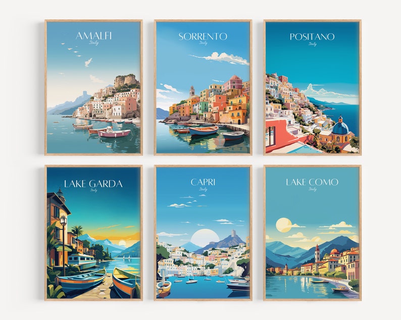 May include: Six colorful travel posters featuring scenic views of Amalfi, Sorrento, Positano, Lake Garda, Capri, and Lake Como in Italy. Each poster features a vibrant illustration of the city or lake, with colorful buildings, boats, and water.
