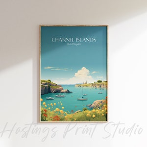 May include: A vintage travel poster featuring a scenic view of the Channel Islands, United Kingdom. The poster depicts a turquoise blue body of water with boats and a rocky coastline. The sky is a bright blue with white clouds. The poster is framed in a light wood frame.