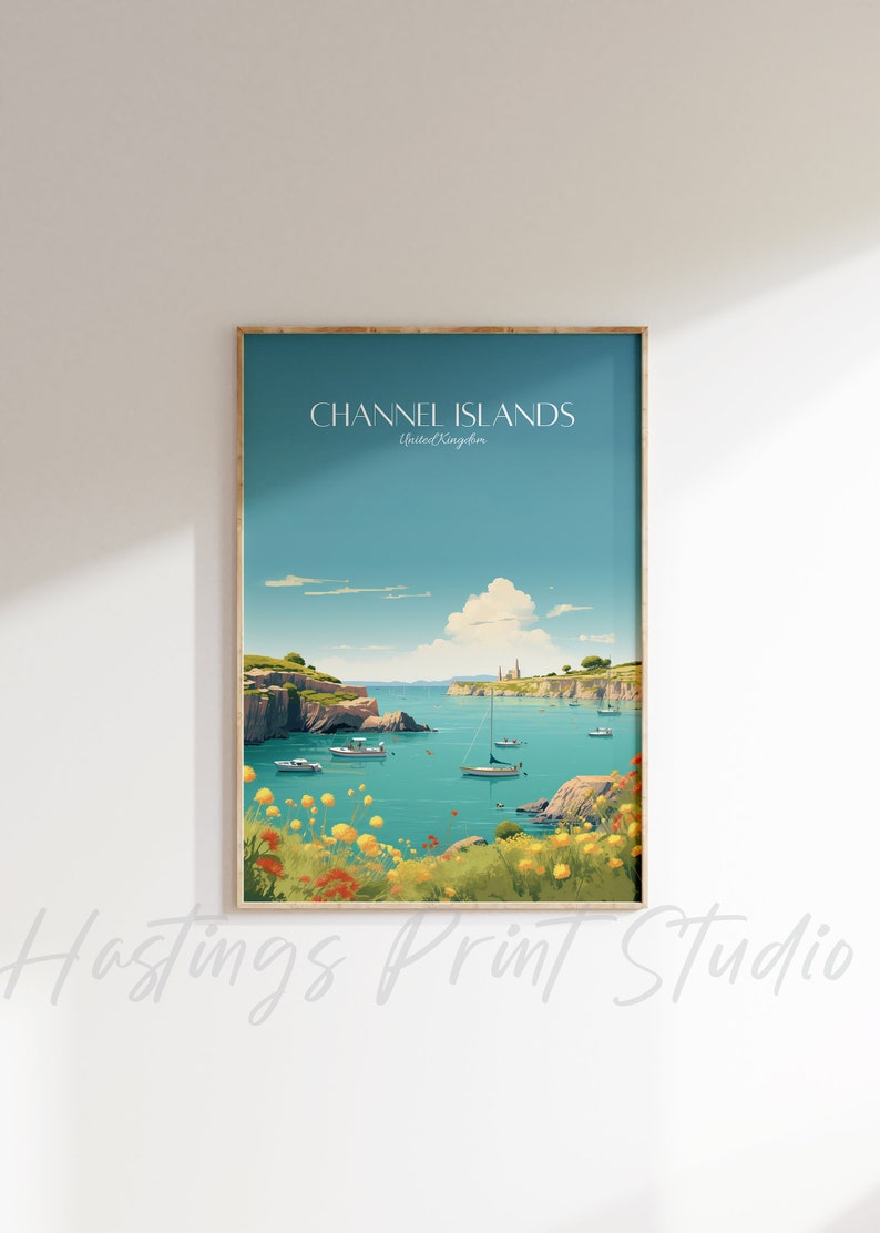 May include: A vintage travel poster featuring a scenic view of the Channel Islands, United Kingdom. The poster depicts a turquoise blue body of water with boats and a rocky coastline. The sky is a bright blue with white clouds. The poster is framed in a light wood frame.