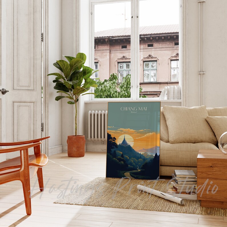 May include: A vintage-style travel poster with a blue, green, and orange color scheme. The poster features a mountain range with a temple at the top and the text "CHIANG MAI, Thailand" at the top.