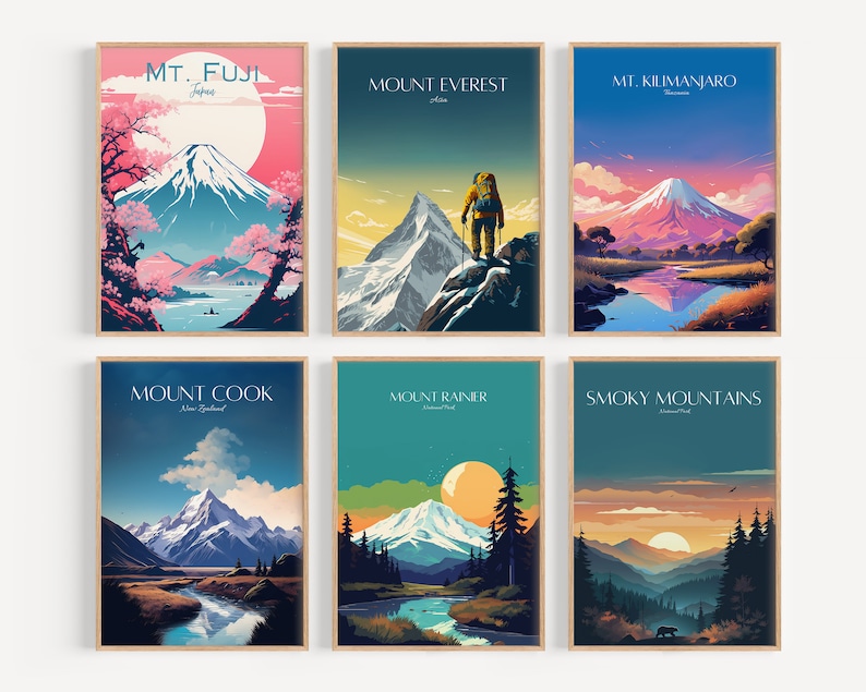May include: A set of six vintage-style travel posters featuring iconic mountains from around the world. Each poster features a colorful illustration of the mountain, with text that includes the mountain's name and location. The posters are framed in wood and have a white background.