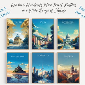 May include: Six travel posters featuring iconic landmarks from around the world. The posters are in a vintage style with a blue and white color scheme. The cities featured are Oxford, Lyon, Washington, Mont Saint Michel, Toronto, and Madrid.