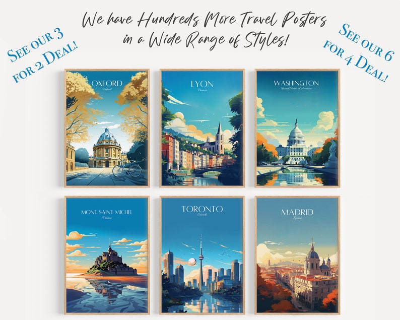 May include: Six travel posters featuring iconic landmarks from around the world. The posters are in a vintage style with a blue and white color scheme. The cities featured are Oxford, Lyon, Washington, Mont Saint Michel, Toronto, and Madrid.